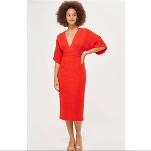 Red textured backless tie-back midi dress